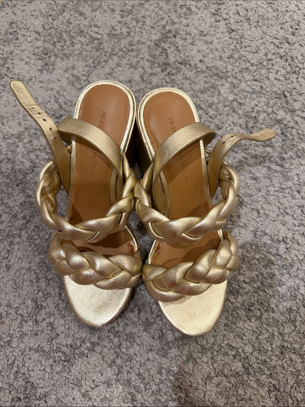 Rebecca Minkoff Metallic Gold Braided Strap Block Heels